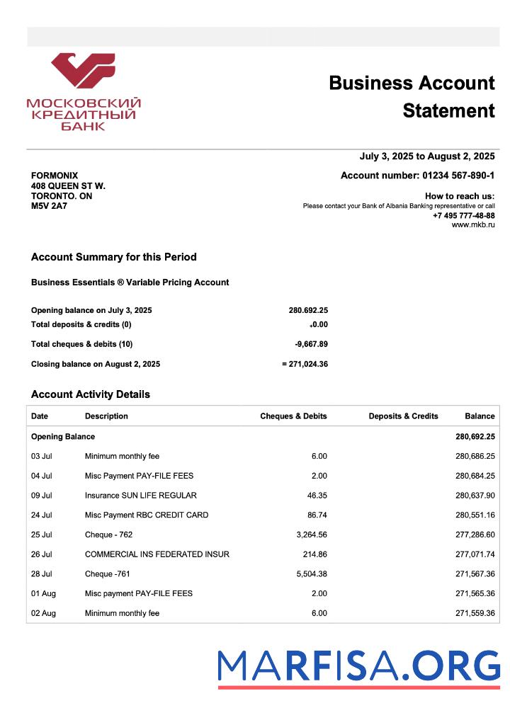 Blank Russia Credit bank of Moscow organization checking account statement Word and PDF template